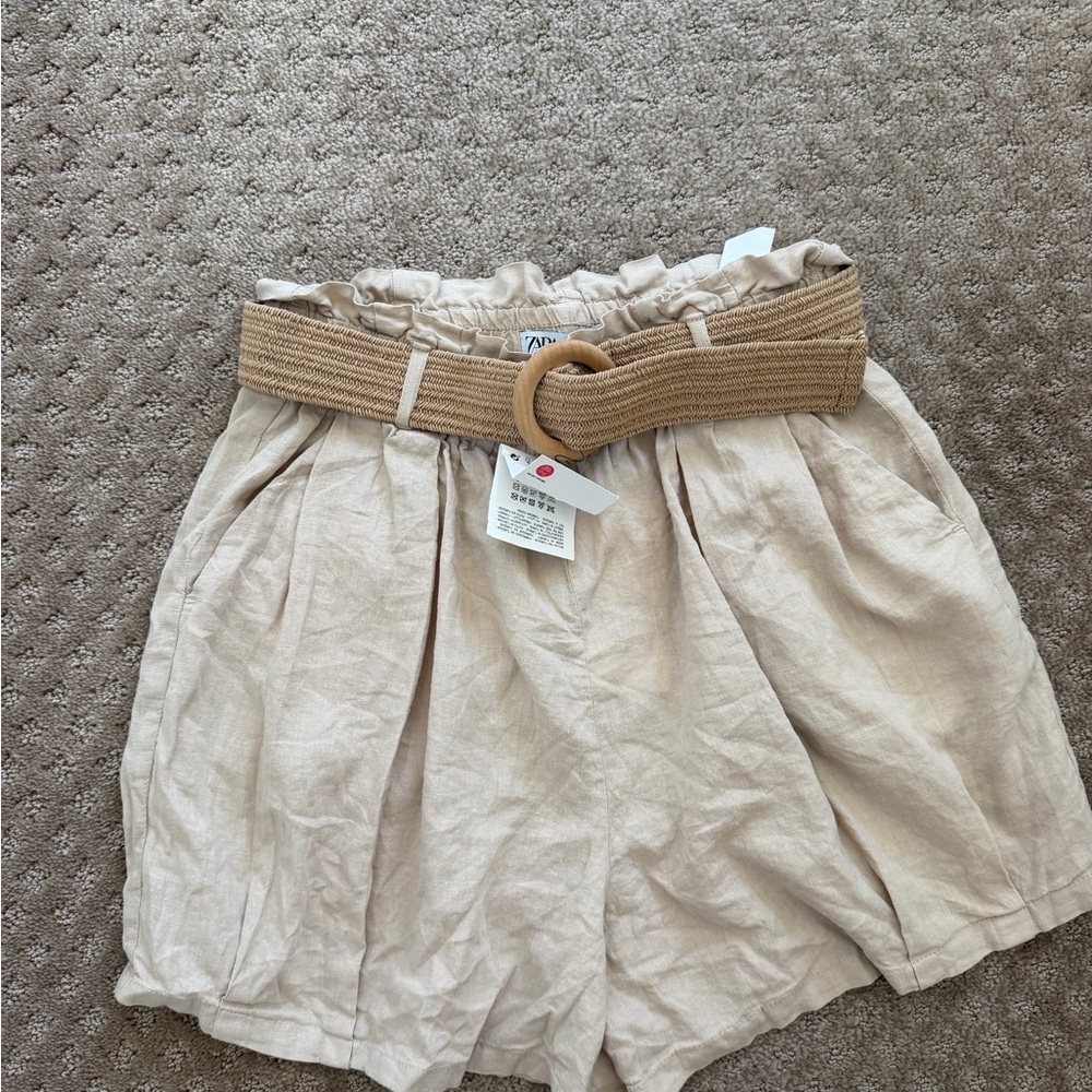 Zara Beige Paperbag Waist Shorts with Woven Tan Belt